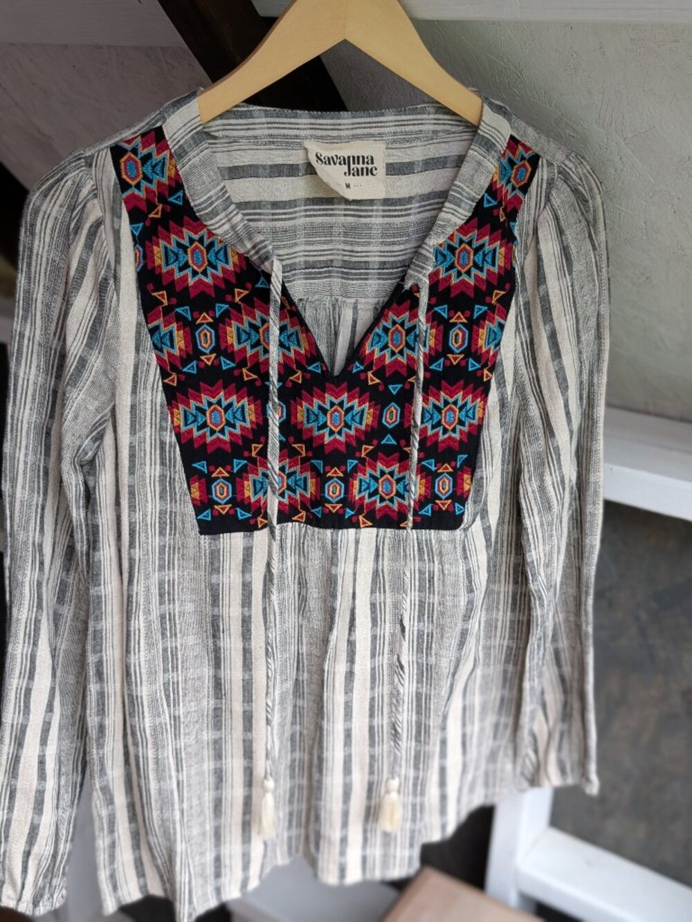 Savanna Jane Anthropologie Embroidered Southwestern Striped Peasant Top Medium